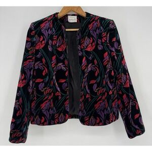 80s‎ Velour Jacket Women's Size 8 Floral Print Open Lined Blazer By Weathervane